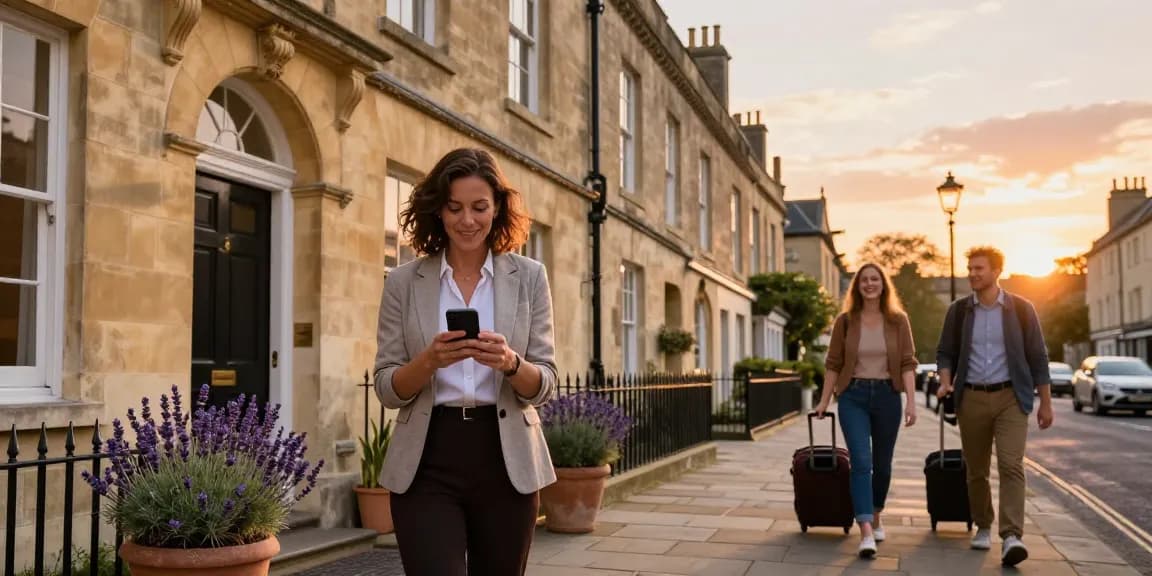 Bath Airbnb management showcasing a charming property in golden hour, guests arriving and manager engaging with listings.