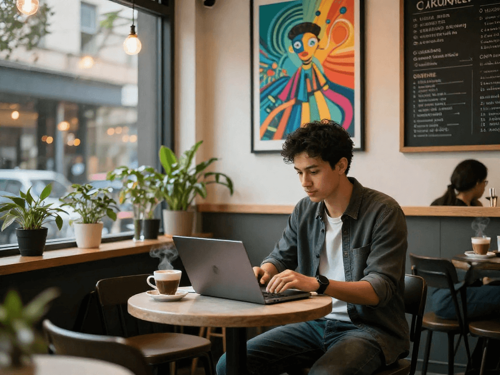 Entrepreneur enjoying nsfw ai chat at a café, laptop and coffee on table.