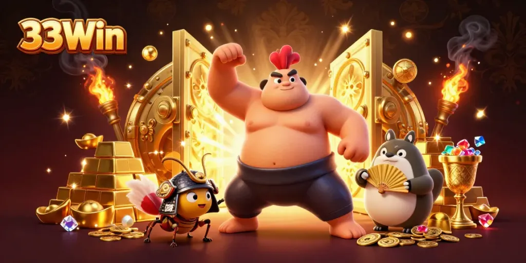 33Win's powerful sumo wrestler rooster dominates the casino scene with gold treasure and dynamic characters.