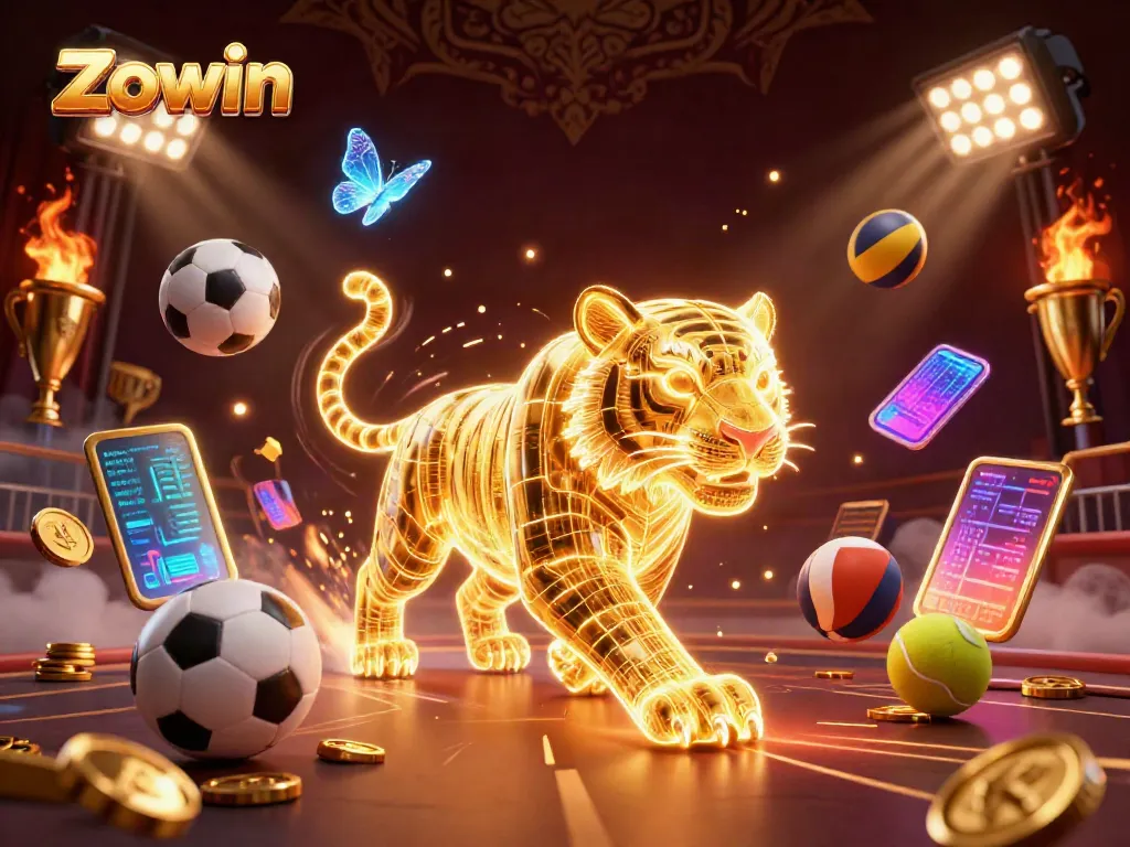 Zowin's dynamic casino scene featuring a golden tiger and sports elements in vivid 3D