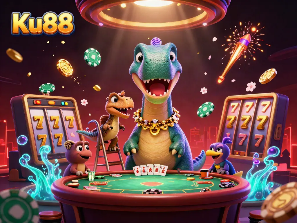 Play to win at Ku88 with vibrant casino action featuring a massive brontosaurus and dynamic poker elements.