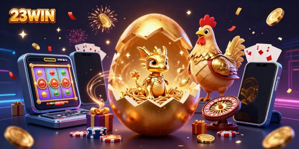 Engage with the captivating world of 23WIN, showcasing a golden dragon and poker chips amidst vibrant gaming elements.