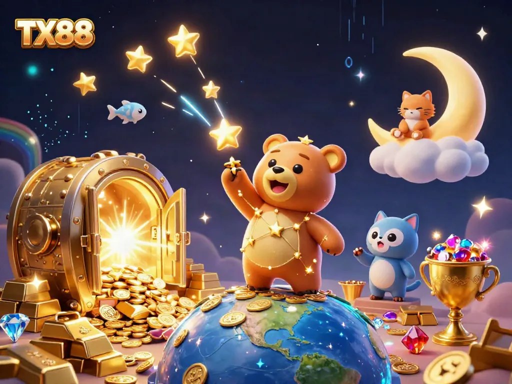 Experience thrilling gaming with TX88's constellation bear gathering coins under a starry backdrop.