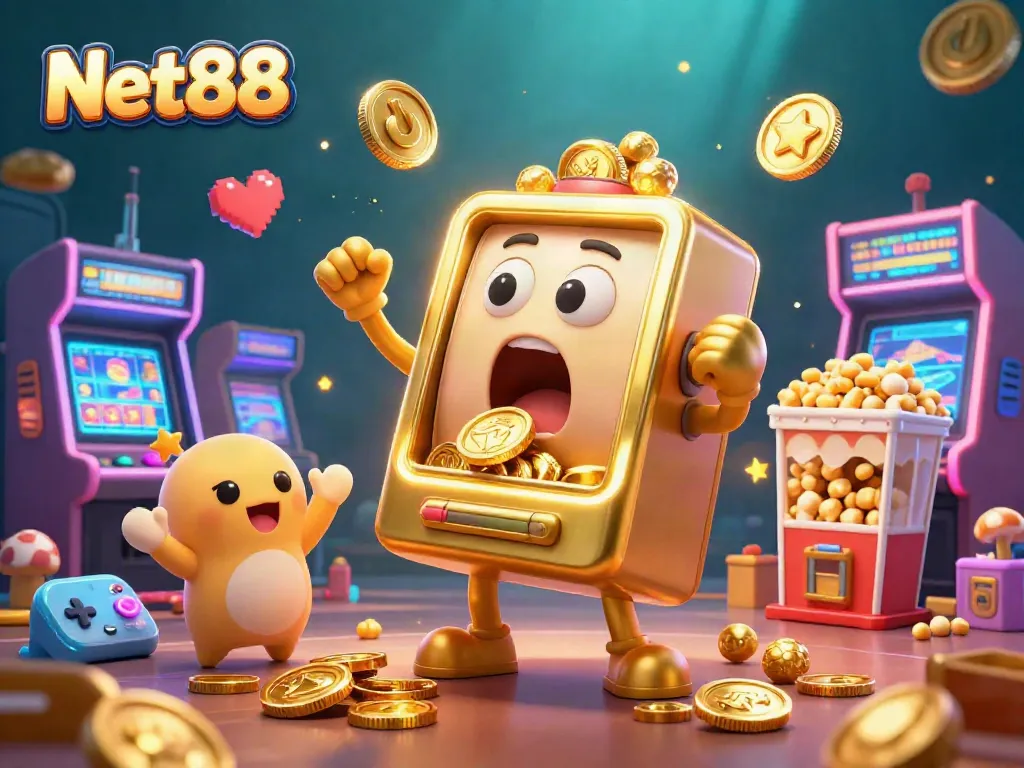 Engage with the thrilling Net88 slot experience, featuring a golden slot machine celebrating its jackpot.