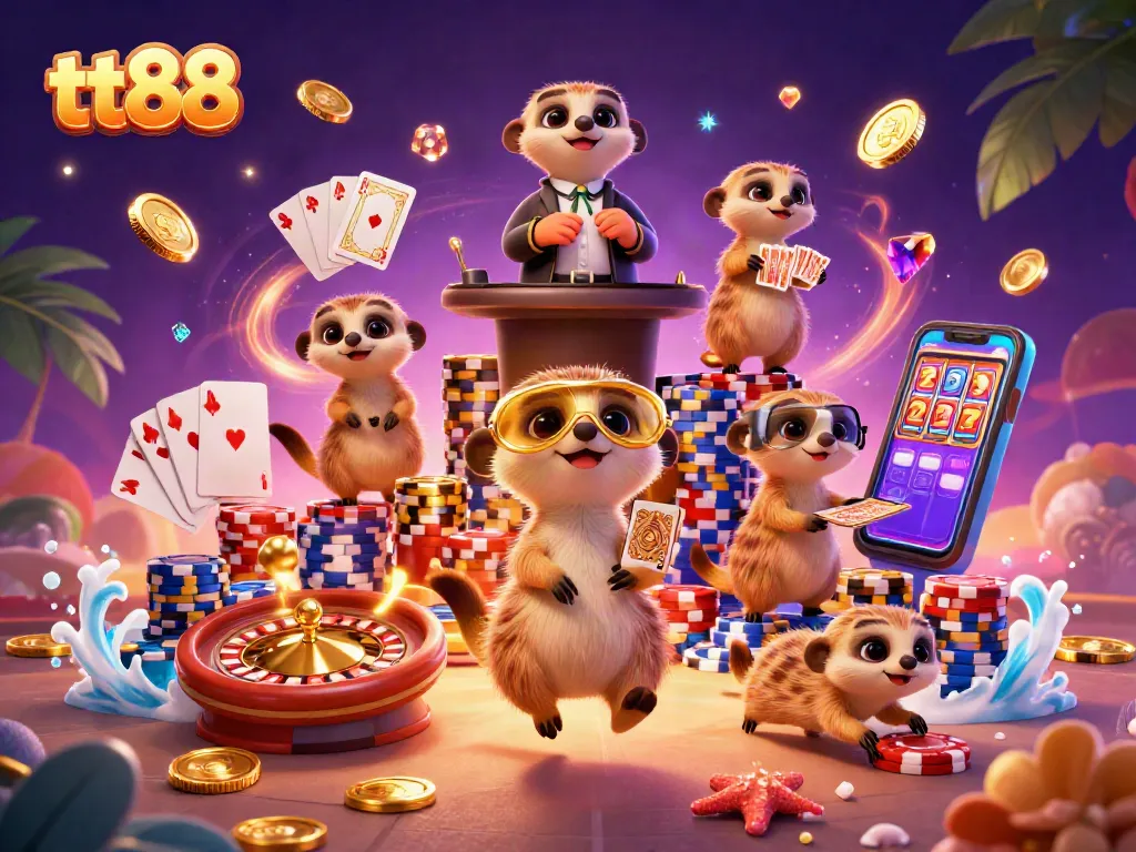 Win at tt88's elaborate casino with meerkats in a colorful, dynamic gaming scene.