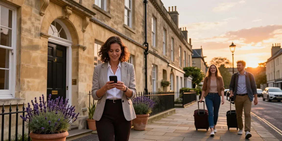 Bath Airbnb management showcasing a charming property in golden hour, guests arriving and manager engaging with listings.