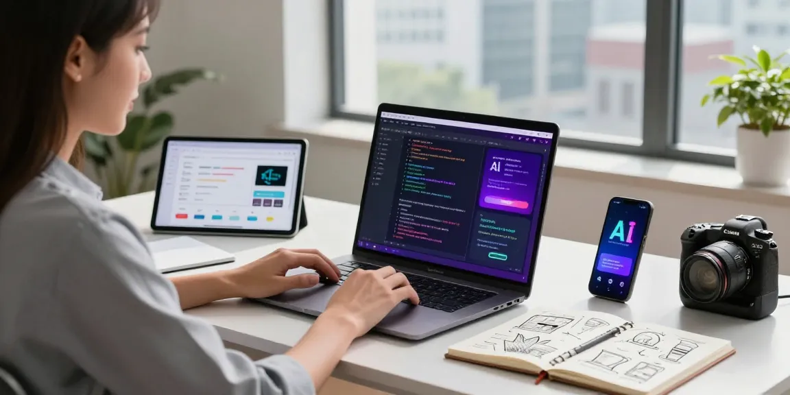 Professional using an AI laptop in a modern workspace with tech gadgets and an inspiring city view.