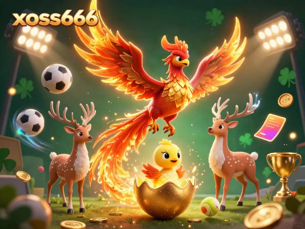 Experience thrilling action at xoso66 with a captivating 3D illustration of a fire phoenix, sports elements, and a mystical stag.