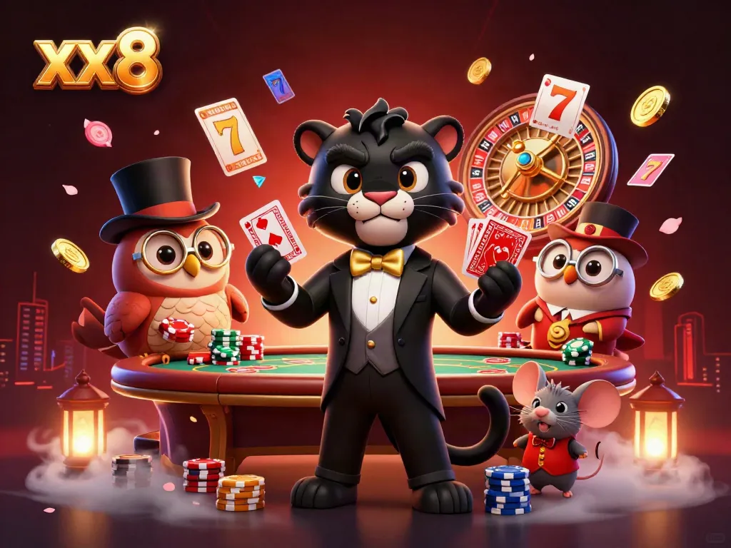 Engage with xx8 through lively casino scenes featuring a stylish black panther, poker elements, and vibrant game symbols.