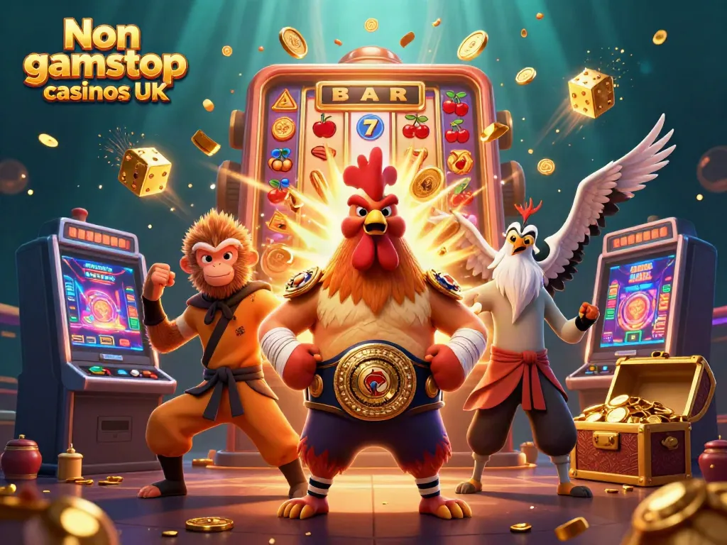 Engage with exciting Non gamstop casinos UK in a vibrant 3D casino scene bursting with characters and action.