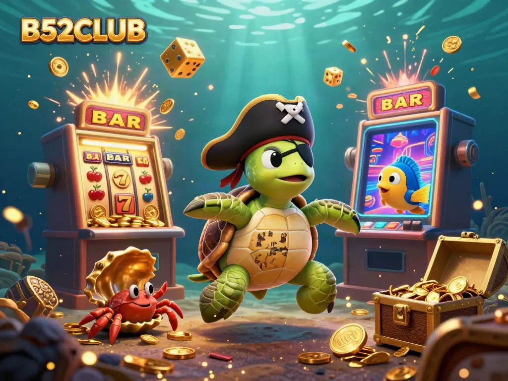 B52CLUB showcases a vibrant underwater casino scene with a cartoon pirate turtle, winning overflowing treasures.