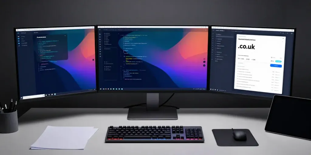 Affordable .co.uk domain registration setup in a modern developer workspace with sleek tech elements and a focus on efficient domain management.