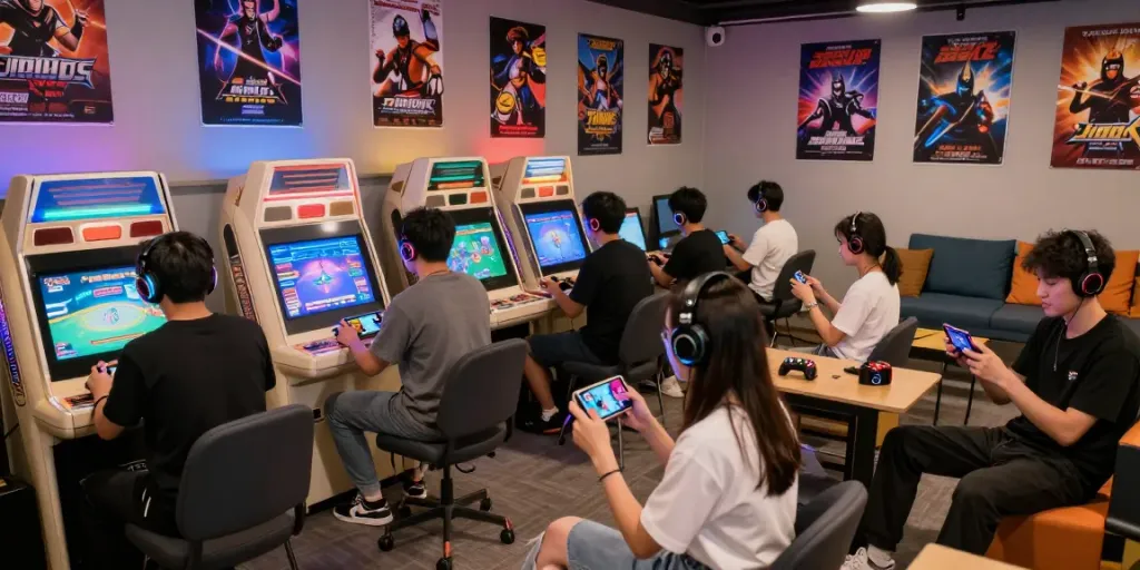 Gaming enthusiasts enjoying classic and modern games at ROKOK88, illustrating the evolution of online gaming.
