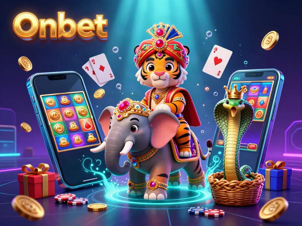 Spin vibrant slot games with Onbet, featuring a majestic maharaja tiger, elephant, and casino elements.