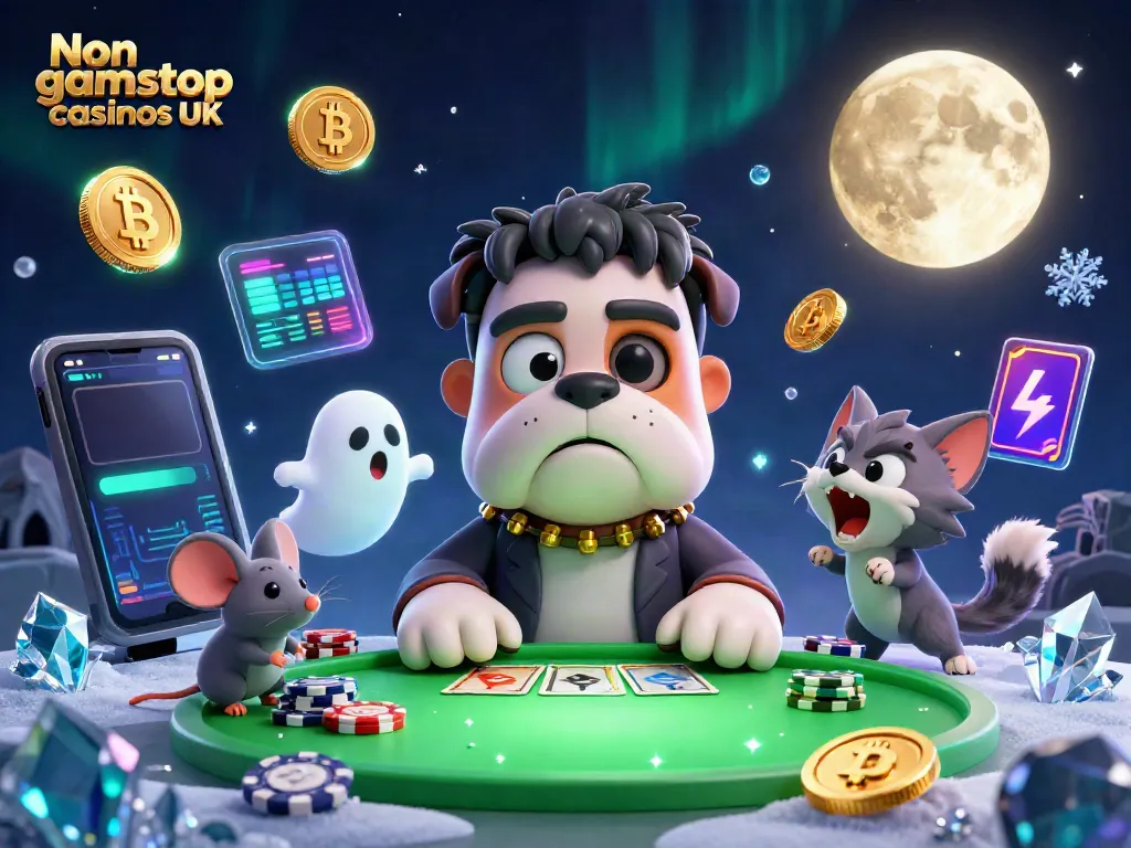 Play at Non gamstop casinos UK with a thrilling scene of unique characters dealing cards and surrounded by crypto elements.