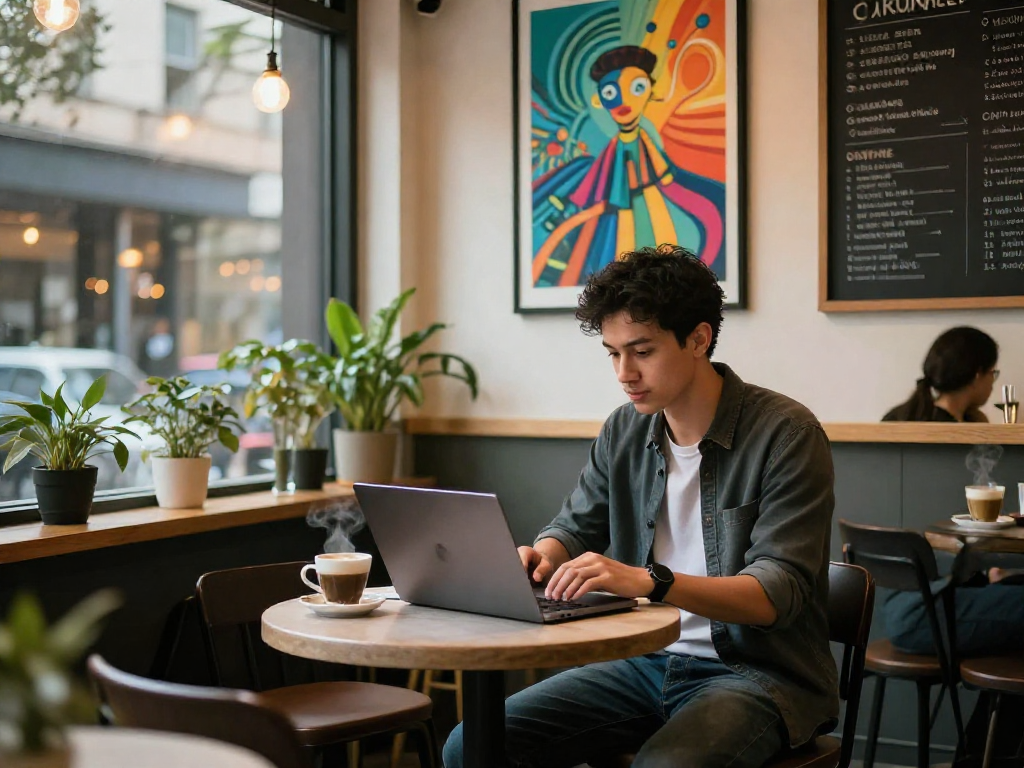 Entrepreneur enjoying nsfw ai chat at a café, laptop and coffee on table.
