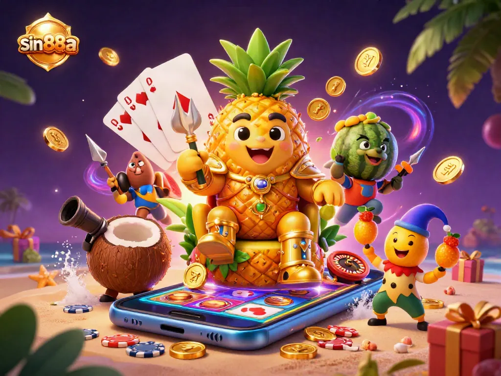 Experience thrilling gameplay at sin88a with a golden pineapple king ruling a vibrant beach casino.