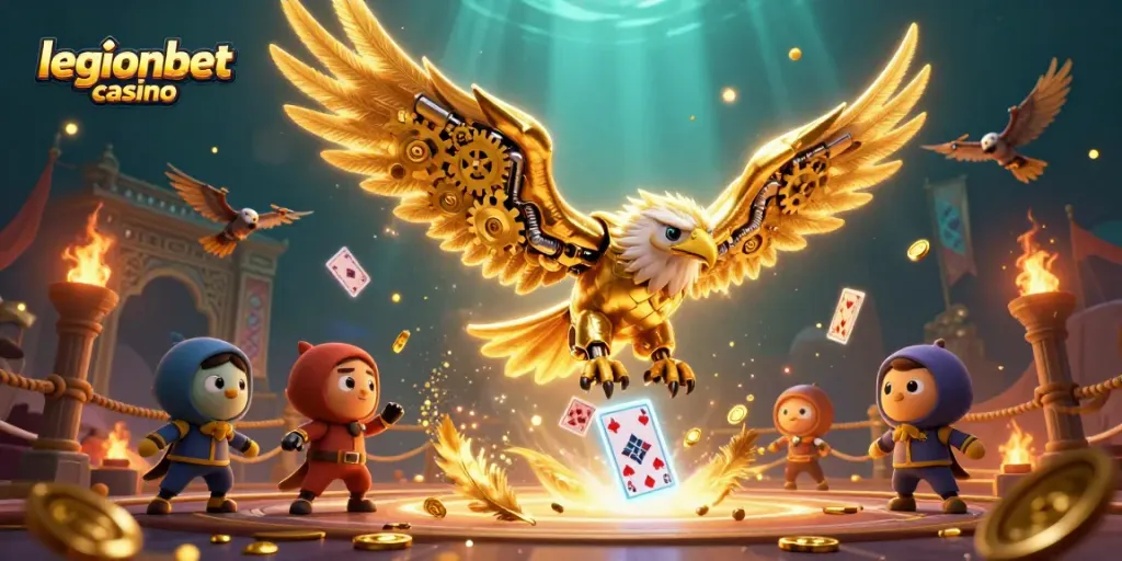 Experience the thrill at legionbet casino with a dynamic scene of a cybernetic eagle amidst vibrant gameplay elements.