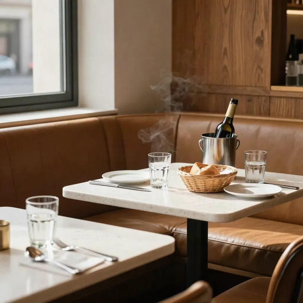 Quiet window-side business lunch setting with plates, glasses, bread basket, and wine cooler.