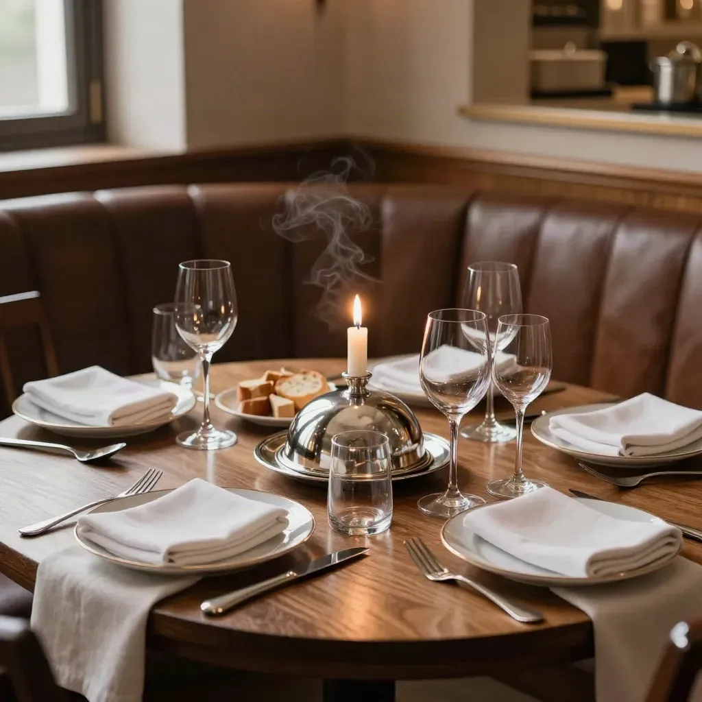 Set dining table in a warm private club dining room with cloche, china, glasses, and napkins.