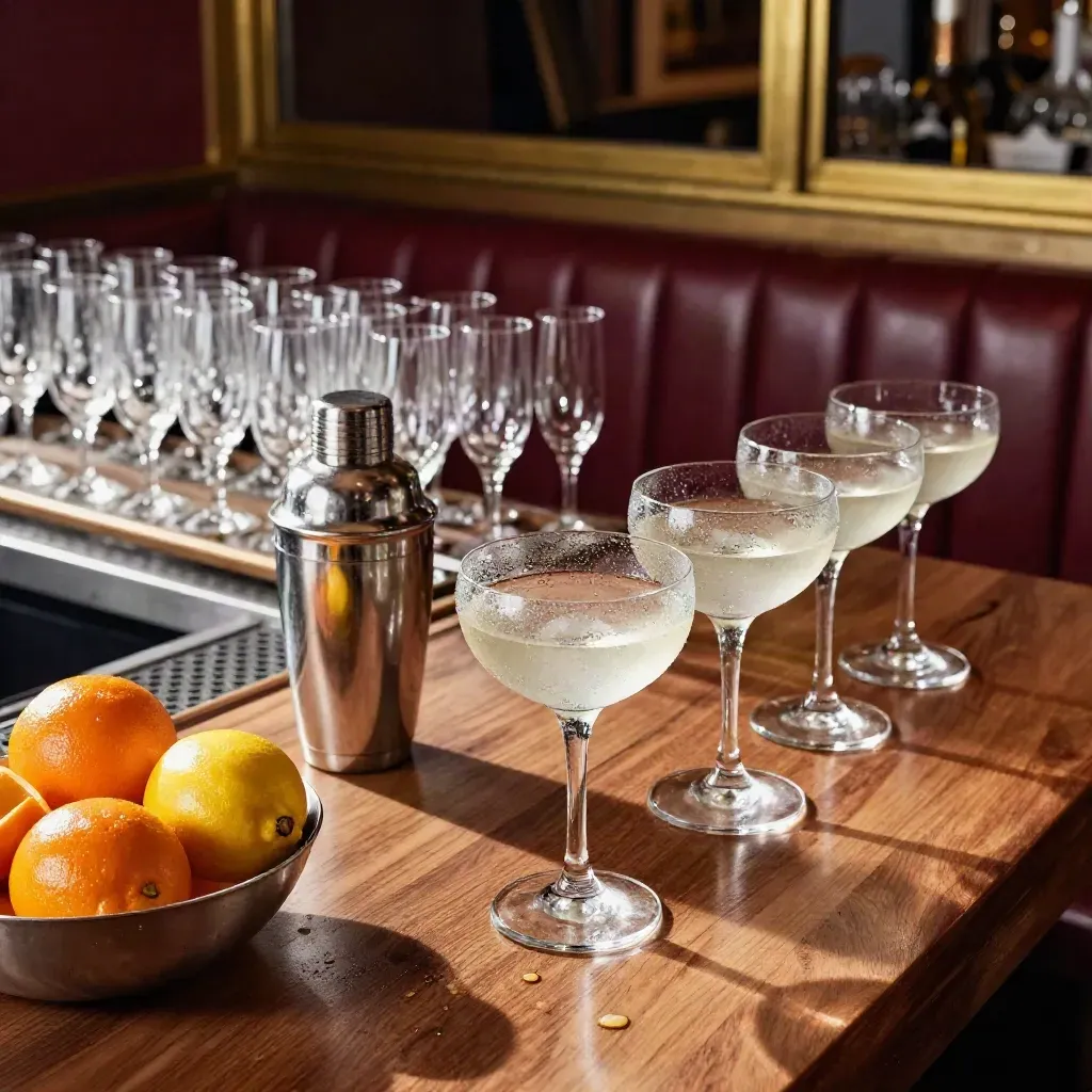 Back bar with coupe glasses, shaker, citrus and ice bucket gleaming after service.