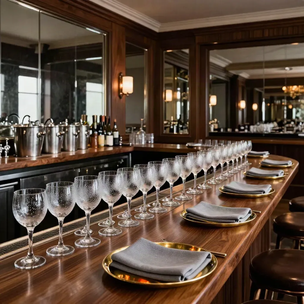 Mirrored private club bar with chilled glasses, ice buckets, and brass reflections.