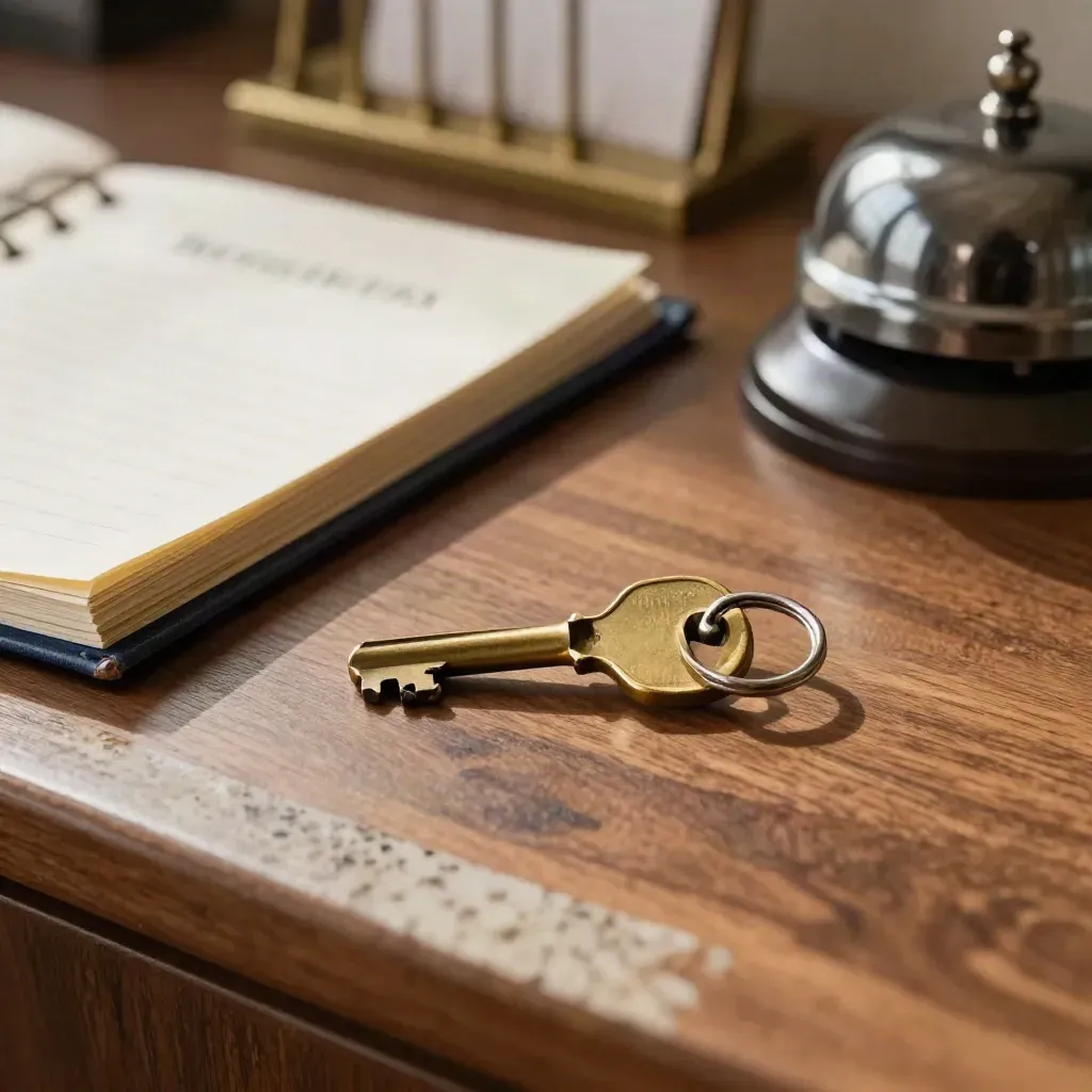 Brass key ring, reservation folio, desk bell and ledger on walnut counter in a club office.