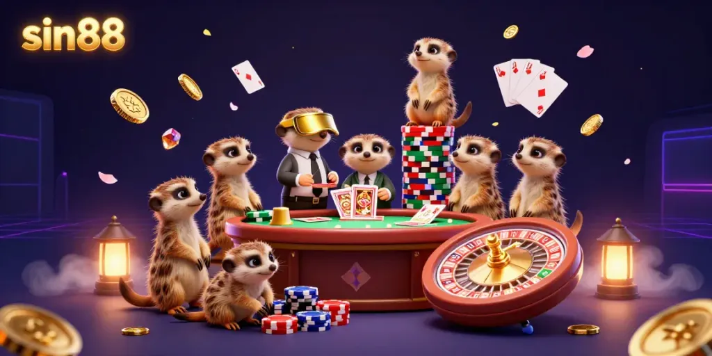Watch meerkats manage a vibrant casino scene, showcasing the excitement of sin88 gaming.