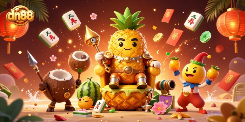 Experience the excitement of dn88 with a golden pineapple king ruling a festive casino scene.