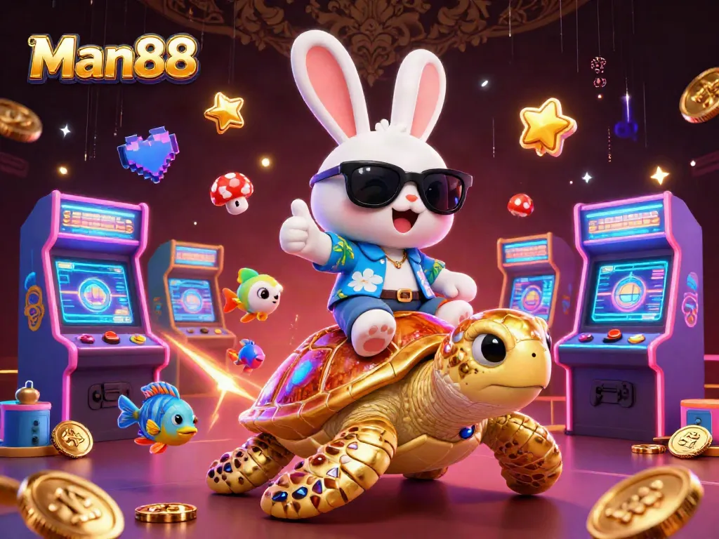 Man88 players enjoy vibrant casino experiences with lucky rabbit and golden turtle in 3D illustration.