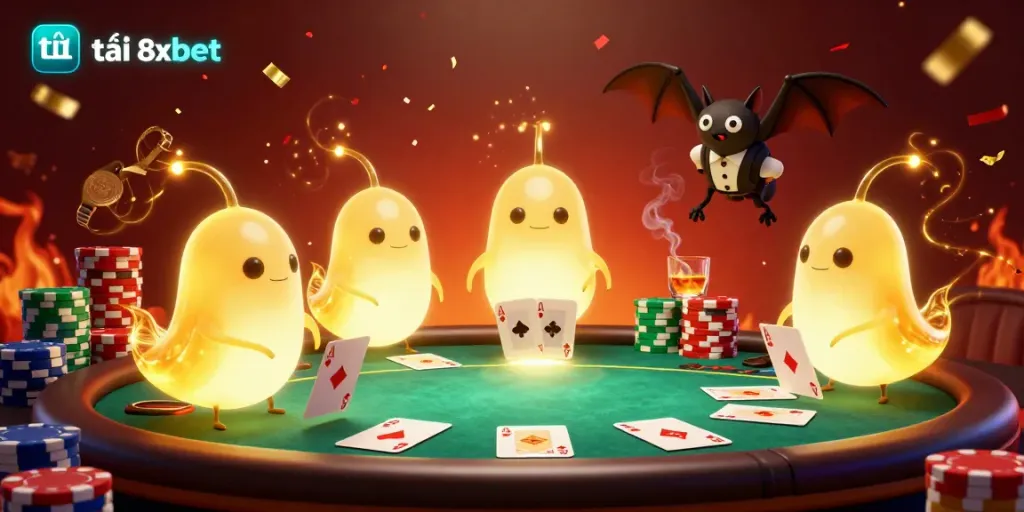 Experience the excitement of tải 8xbet with a vibrant 3D casino scene showcasing poker elements and animated characters.