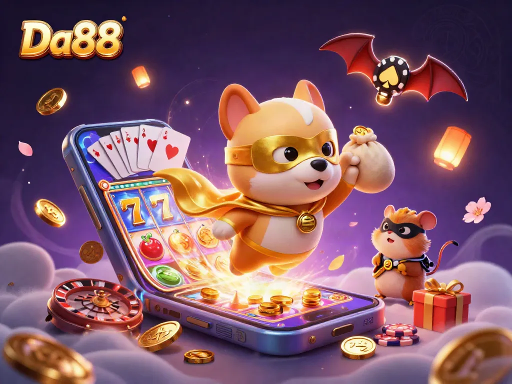 Join the thrilling adventure of Da88 with a superhero dog and hamster amidst vibrant casino elements.