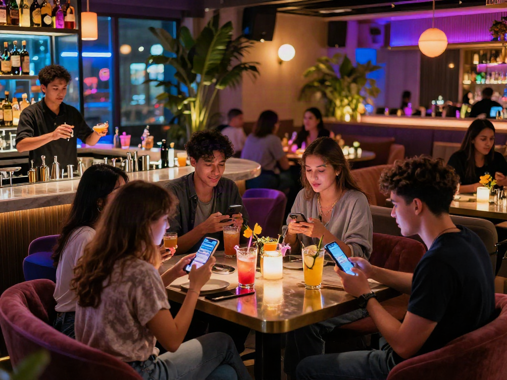 Engaged group enjoying nsfw ai chat interactions in a stylish lounge
