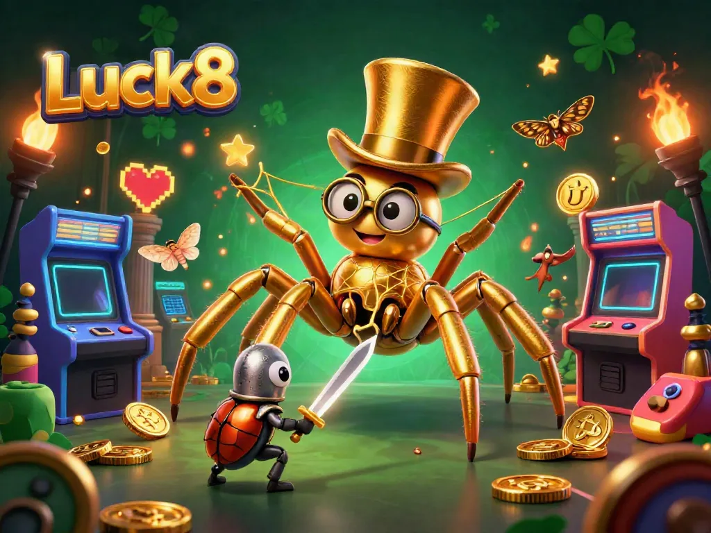 Engage with Luck8's vibrant casino world featuring colorful elements and characters in a lively gaming atmosphere.