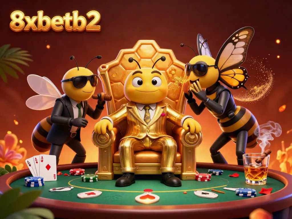 Experience 8xbetb2's vibrant casino atmosphere with a 3D bumblebee mob boss, poker chips, and a butterfly informant.