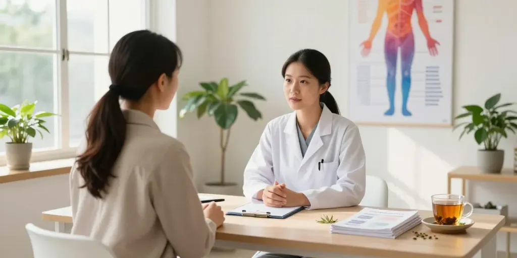 Naturopath Surrey consultation scene, featuring a practitioner and client discussing holistic health.