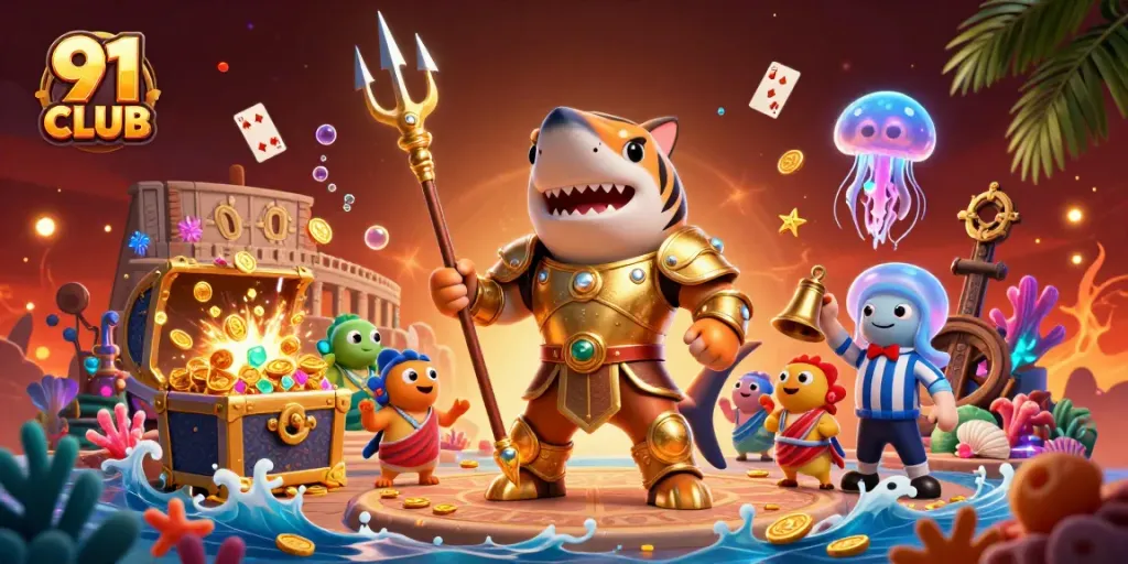 Engage in thrilling casino action with the vibrant underwater scene showcasing 91 CLUB elements surrounded by treasure.