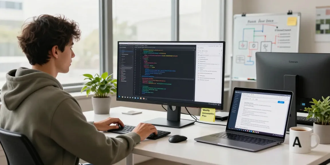 Build internal tools with AI in a modern tech workspace showcasing coding and project management.