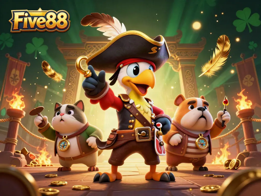 Engage with Five88’s lively casino scene featuring a pirate captain and bulldog ready for thrilling games of chance.