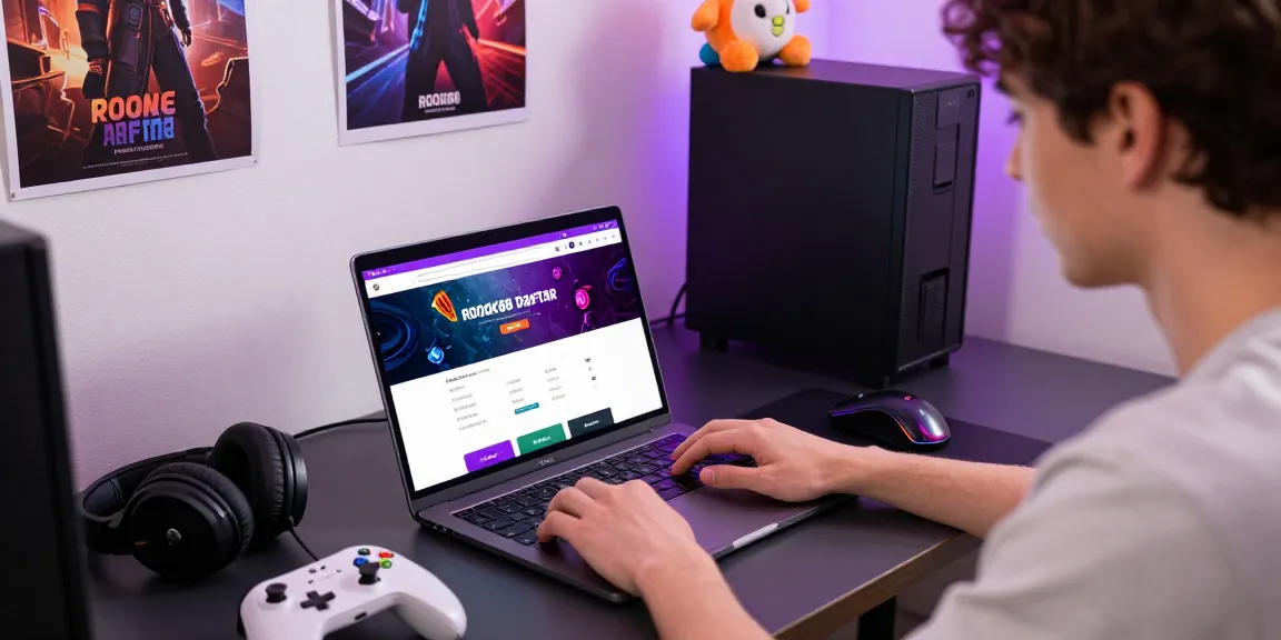 An engaged gamer completing rokok88 daftar registration on laptop amidst gaming accessories in a lively modern bedroom.