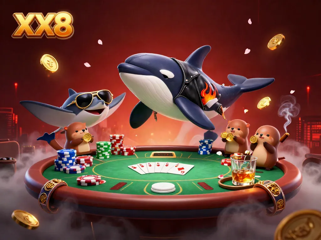 Experience the thrill of XX8 with a playful orca, stingray, and otters amidst a vibrant poker scene.