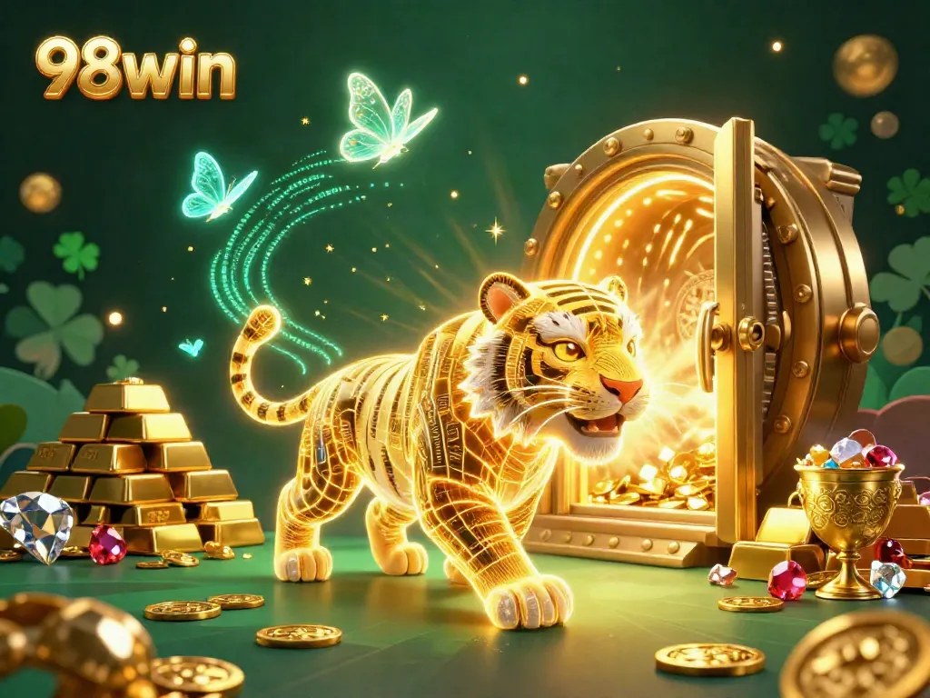 Experience the excitement of 98win with a vibrant digital casino scene featuring a golden tiger and treasure.