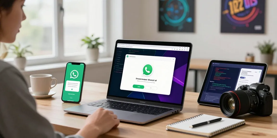 Downloading WhatsApp下載 on a laptop in a modern workspace with devices.