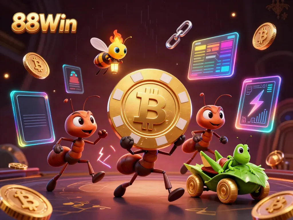Experience thrilling gameplay at 88Win with a whimsical heist illustration featuring flamboyant characters and crypto symbols.