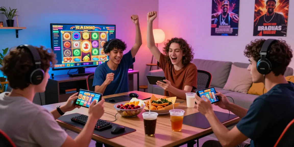 Exciting scene of players enjoying situs slot deposit 10 ribu online gaming, celebrating wins with vibrant graphics and cozy atmosphere.