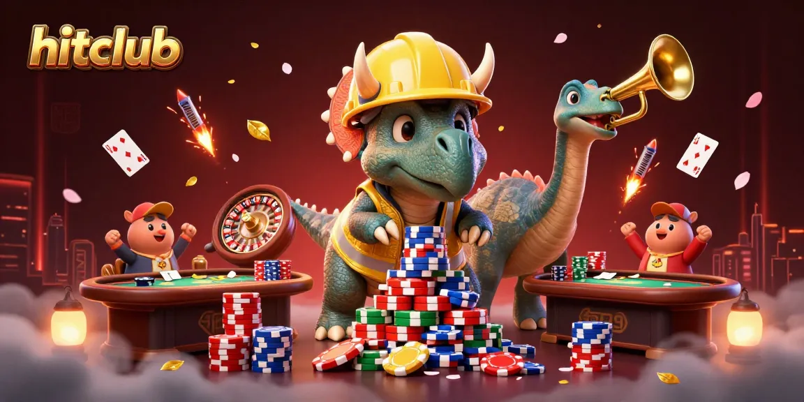 hitclub celebrates with a triceratops and parasaurolophus at a vibrant poker scene