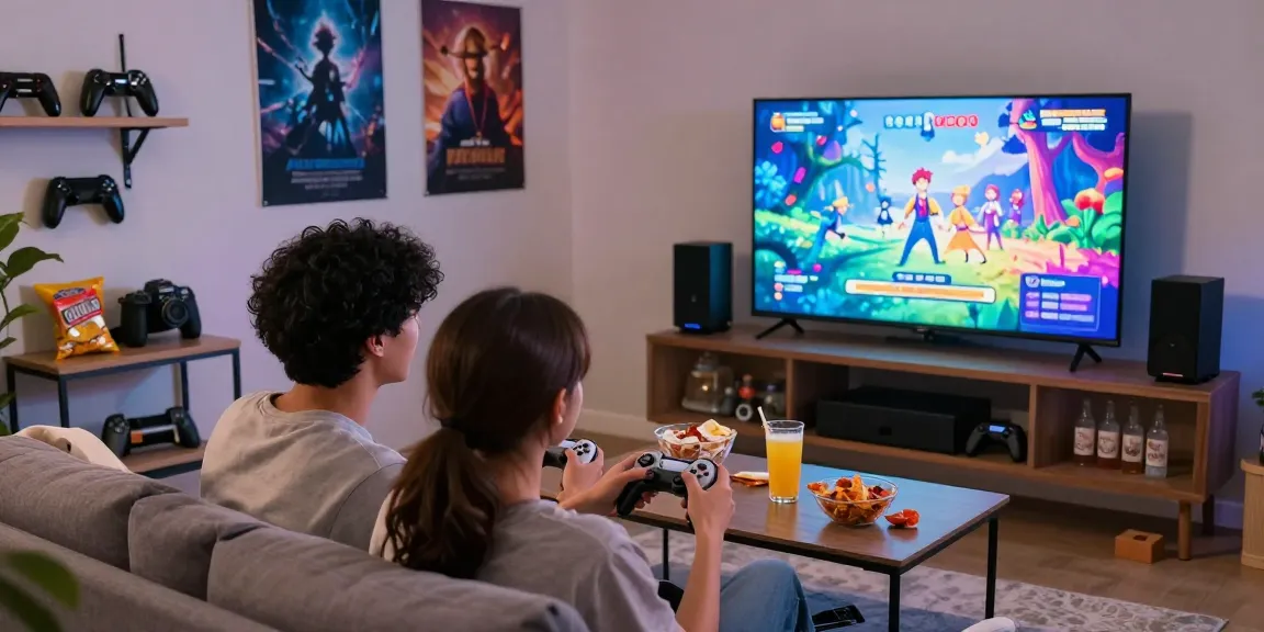 Couple enjoying a game hentai session on the couch with immersive visuals.