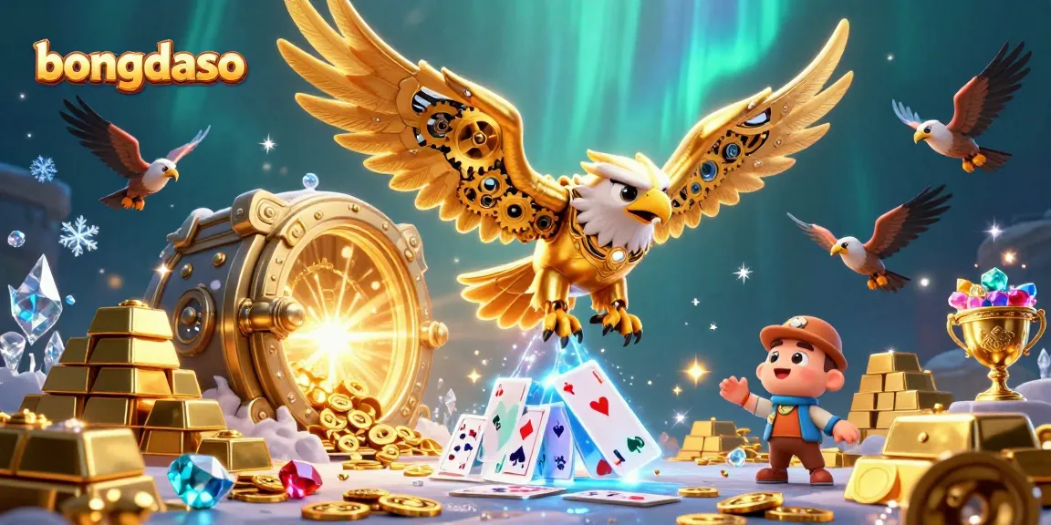 Bongdaso engages players as a cybernetic eagle dives among holographic playing cards and treasure.