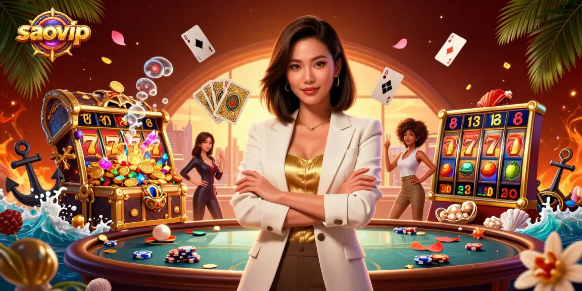 Experience thrilling saovip action with a sophisticated Asian woman holding golden cards amidst vibrant slot reels and casino elements.