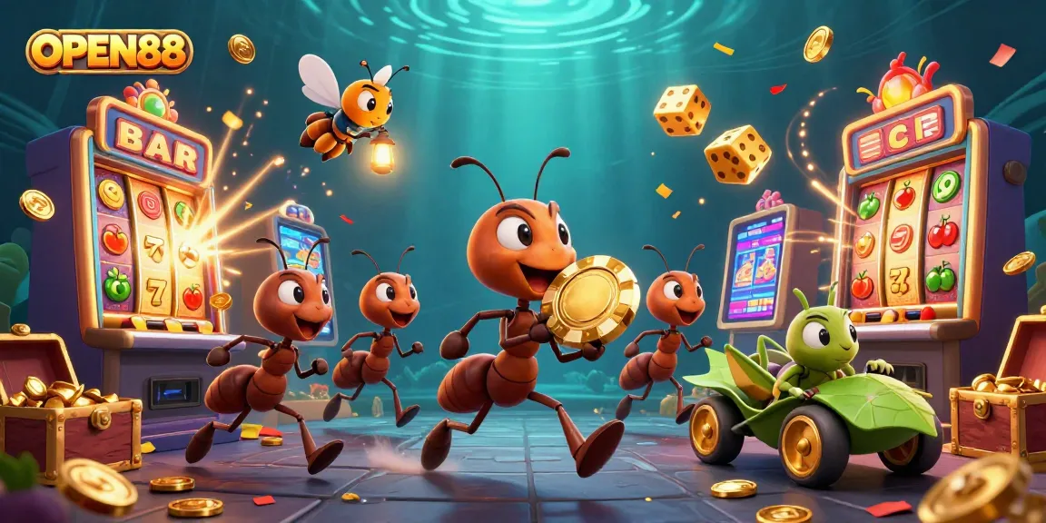 Experience the thrill of OPEN88 with ants stealing a golden poker chip amidst vibrant casino graphics.